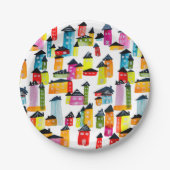 Kutkleurige huizen waterverf kunst papieren bordje (Voorkant)