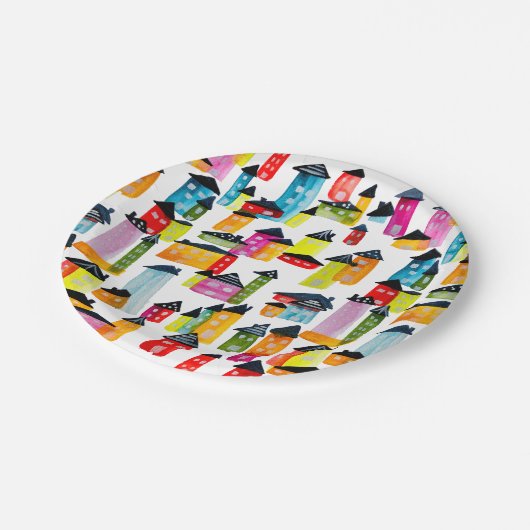 Kutkleurige huizen waterverf kunst papieren bordje (Gekanteld)