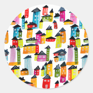 Kutkleurige huizen waterverf kunst ronde sticker