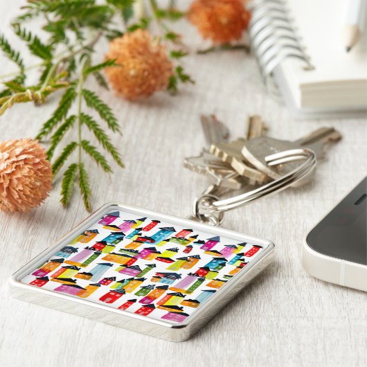 Kutkleurige huizen waterverf kunst sleutelhanger (Zijkant)