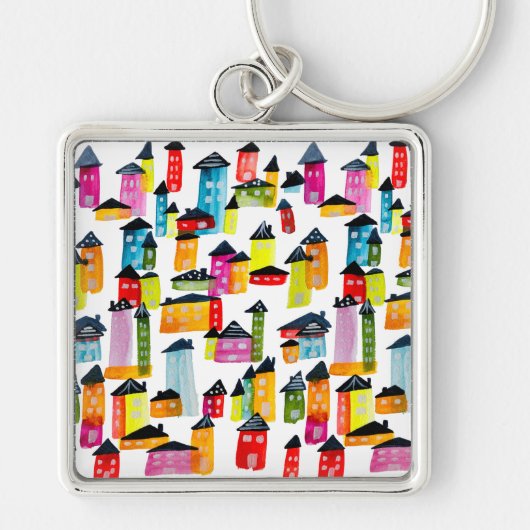 Kutkleurige huizen waterverf kunst sleutelhanger (Voorkant)