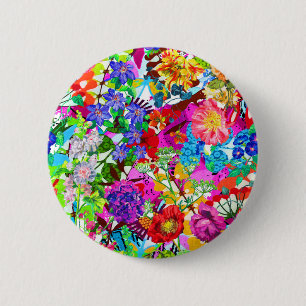 Kutkleurige magische bloemen All-Over-Print T-Shir Ronde Button 5,7 Cm