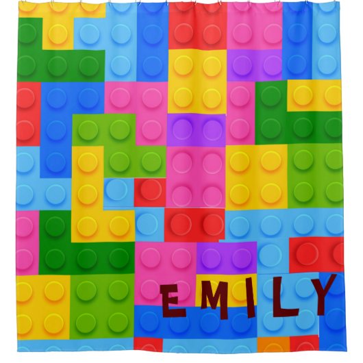 Kutkleurige roze blauw bouwstenen Kinder Douchegordijn (Voorkant)