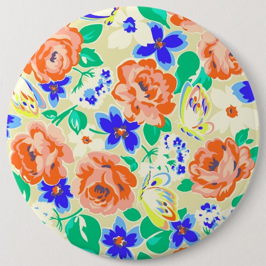 Kutkleurige vlinders rozen patronen ronde button 6,0 cm (Voorkant)