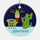 Kutmankerkerstlama met naam keramisch ornament (Achterkant)