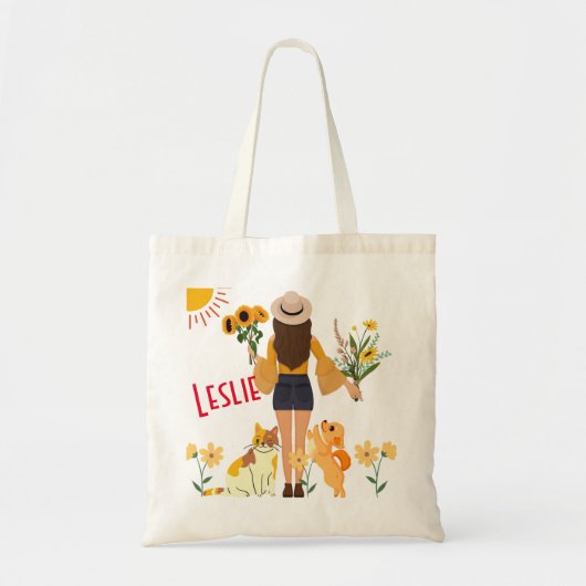 Kutmeisje met zonnebloemen Kat en hond Tote Bag (Voorkant)