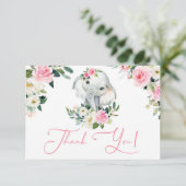 Kutmeisje olifant felroze baby shower met roze flo bedankkaart (Staand voorkant)