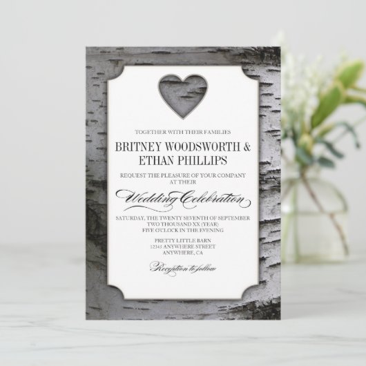 Kutout Heart Birch Tree Bark Wedding Invitations Kaart (Staand voorkant)