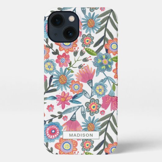 Kutroze en blauwe waterverf bloemen volkskunst iPhone hoesje (Achterkant)