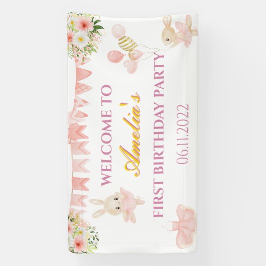 Kutroze en gouden ballerina verjaardagsbanner spandoek (Verticaal)