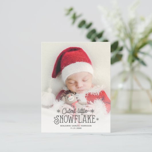 Kutste kleine sneeuwvlokfoto-aankondiging feestdagenkaart (Staand voorkant)