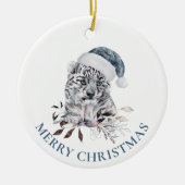 Kuttijgerkub in blauwe kersthoed Kerst Keramisch Ornament (Voorkant)