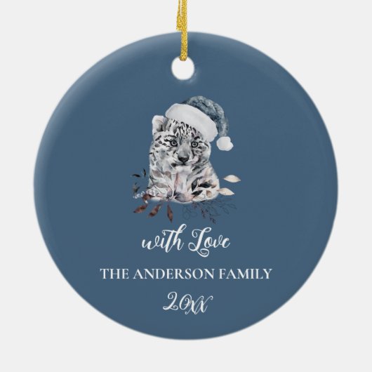 Kuttijgerkub in blauwe kersthoed Kerst Keramisch Ornament (Achterkant)