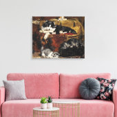 kutzwart en witte kat met Kittens Canvas Afdruk (Insitu (Woonkamer))