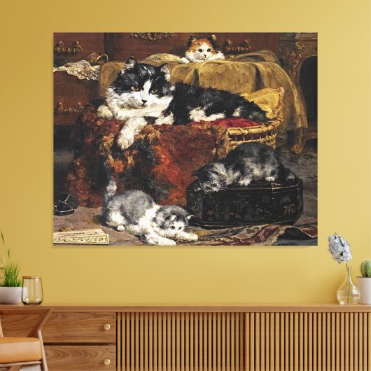 kutzwart en witte kat met Kittens Canvas Afdruk (Insitu (Woonkamer))