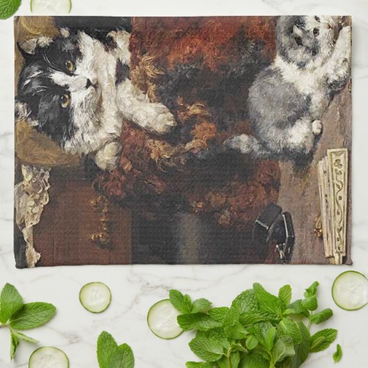 kutzwart en witte kat met Kittens Theedoek (Gevouwen)