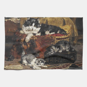  kutzwart en witte kat met Kittens Theedoek