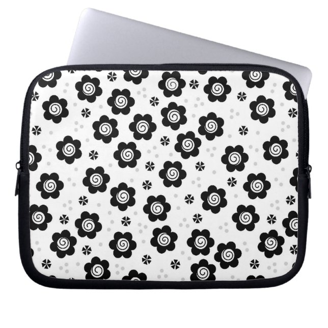 Kutzwart-wit bloemen laptophoes laptop sleeve (Voorkant)