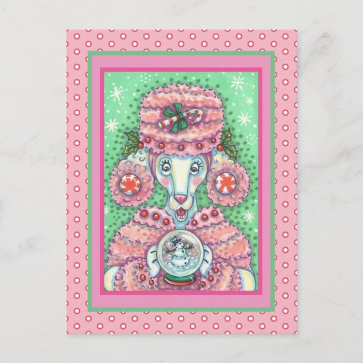 KUUT PEPPERMINT PINK POODLE EN SNOWGLOBE SNOWMAN BRIEFKAART (Voorkant)