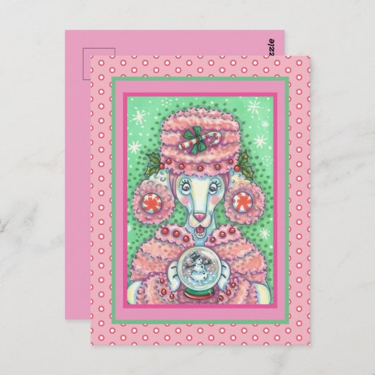 KUUT PEPPERMINT PINK POODLE EN SNOWGLOBE SNOWMAN BRIEFKAART (Voorkant / Achterkant)