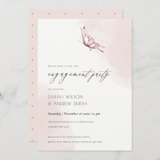 KUUTE BLUSH WATERVERF BUTTERFLY VERLOVING INVITE BEDANKKAART (Voorkant / Achterkant)