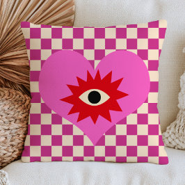 Kwaadaardig Oog Hart op Lila Geruite Retro Patroon Kussen