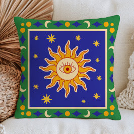 Kwaadaardig Oog Zon Groen & Blauw Funky Celestial  Kussen