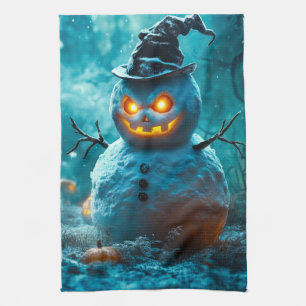 Kwaadaardige Halloween Sneeuwman met Gloeiende Oge Theedoek
