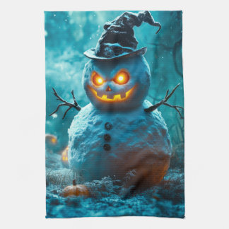 Kwaadaardige Halloween Sneeuwman met Gloeiende Oge Theedoek