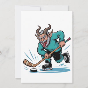 Kwaadaardige Krampus die ijshockey speelt Kerstspo Notitiekaartje