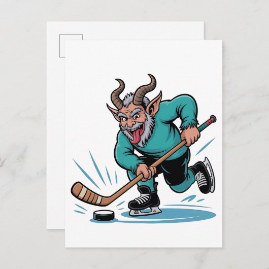 Kwaadaardige Krampus die ijshockey speelt Kerstspo Uitnodiging Briefkaart (Voorkant / Achterkant)