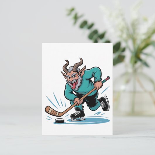 Kwaadaardige Krampus die ijshockey speelt Kerstspo Uitnodiging Briefkaart (Staand voorkant)