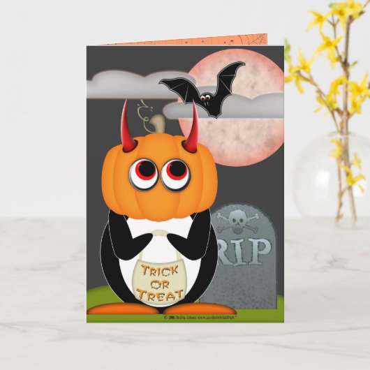 Kwade Pinguïn Halloween Kaart (Gele Bloem)