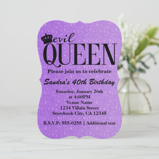 KWADENKONINGIN Paarse Glitter Glam Feest Uitnodigi Kaart (Staand voorkant)