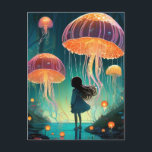 kwal bos meisje fantasie briefkaart<br><div class="desc">Een uniek fantasie kwallen bos dat een meisje loopt door AI gegenereerde kunst</div>