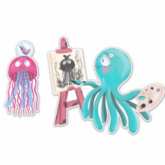 Kwal Octopus Vrienden Kunstenaar Aan Het Werk Kind Sticker (Voorkant)