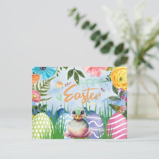 Kwalitatief eendje Pasen met bloemen Feestdagenkaart (Staand voorkant)