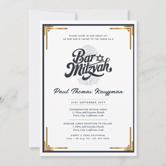 Kwaliteit BAR MITZVAH Elegant Navy Goud Modern Kaart (Voorkant)