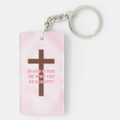 Kwaliteit christelijke roze sleutelhanger (achterkant)