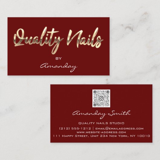 Kwaliteit Nails QR Code Logo Burgundy Red Gold Visitekaartje (Voorkant / Achterkant)