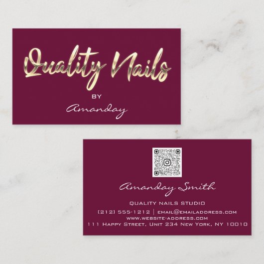 Kwaliteit Nails Script QR Code Logo Marsala Visitekaartje (Voorkant / Achterkant)