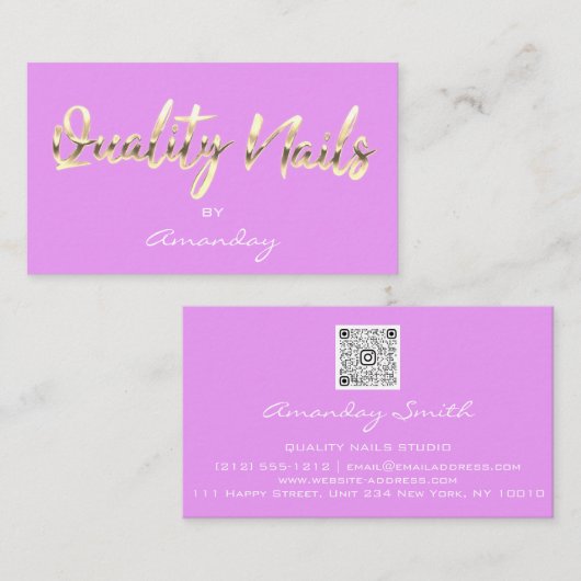Kwaliteit Nails Script QR Code Logo Paars Roze Visitekaartje (Voorkant / Achterkant)