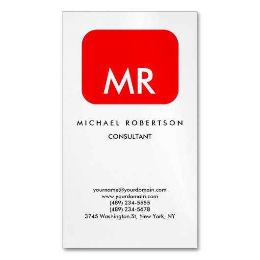 Kwaliteit Rood Witte Monogram Elegant Uniek Magnetisch Visitekaartje (Voorkant Verticaal)