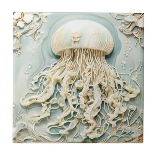 Kwallen Art Nouveau Faux Relief Mint Cream Wit Tegeltje (Voorkant)