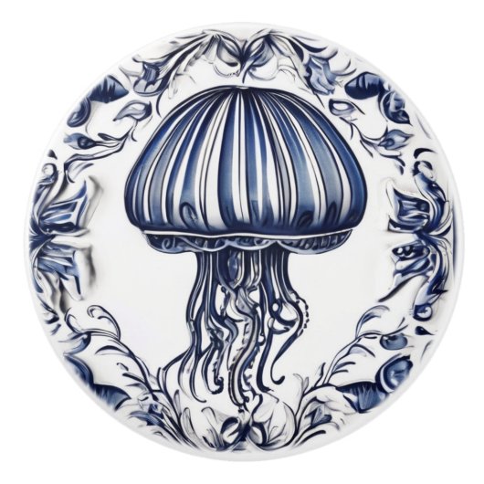 Kwallen Blauwe en Witte Jelly Fish Ocean Marine Keramische Knop (Voorkant)