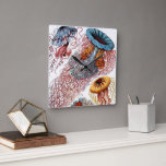 kwallen door Ernst Haeckel, Discomedusae Vierkante Klok<br><div class="desc">illustratie van het biologie van het mariene leven van Ernst Haeckel. In de wateren van het zee zwemmen allerlei kleurrijke kwallen. Jonge vissen zijn waterdieren die vrij zwemmen met een parapluvormig lichaam en lange sleeptentakels. Ze zijn te vinden in alle oceanen en sommige in zoetwatermeren en rivieren.</div>