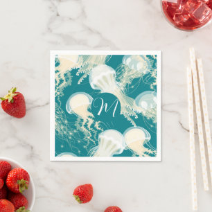 Kwallen in blauwe oceaan Zomerseizoen Monogram Servet