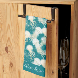 Kwallen in blauwe oceaan Zomerseizoen Monogram Theedoek