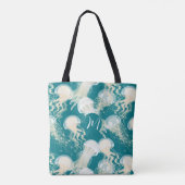 Kwallen in blauwe oceaan Zomerseizoen Monogram Tote Bag (Achterkant)