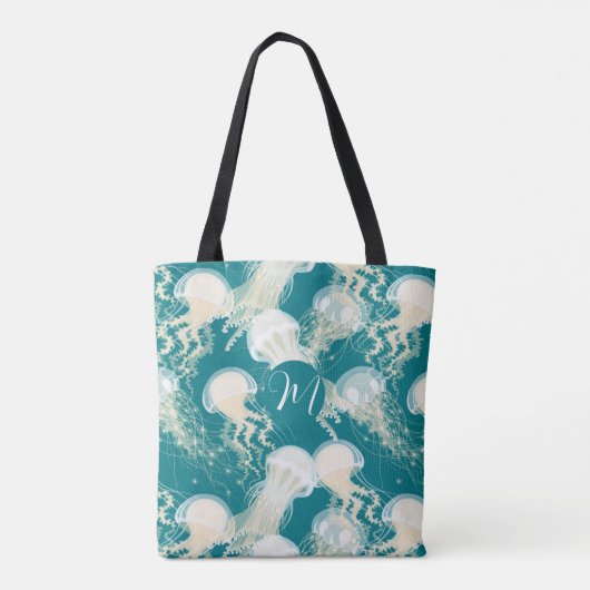 Kwallen in blauwe oceaan Zomerseizoen Monogram Tote Bag (Achterkant)